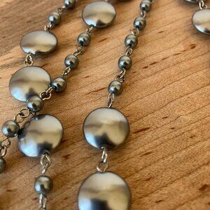 Long Hematite Tone Beaded Necklace – 36 1/2" long Metallic Statement Piece